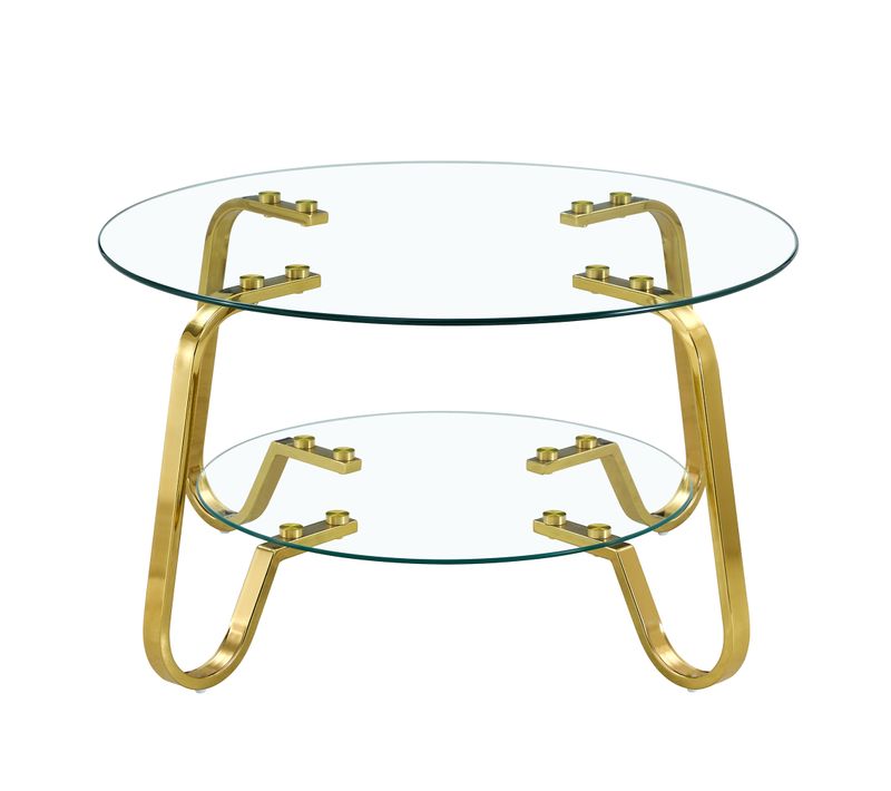 Table Basse 2 Niveaux Avec Structure Métallique Dorée Et Verre Transparent