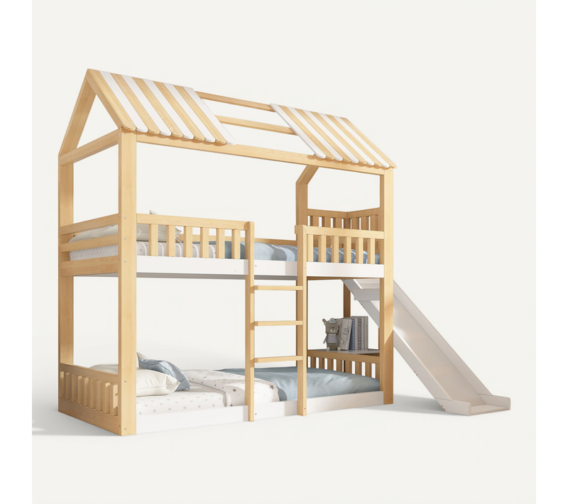 Lit Superposé 90x200 Cm Avec Structure En Bois Blanc Et Naturel