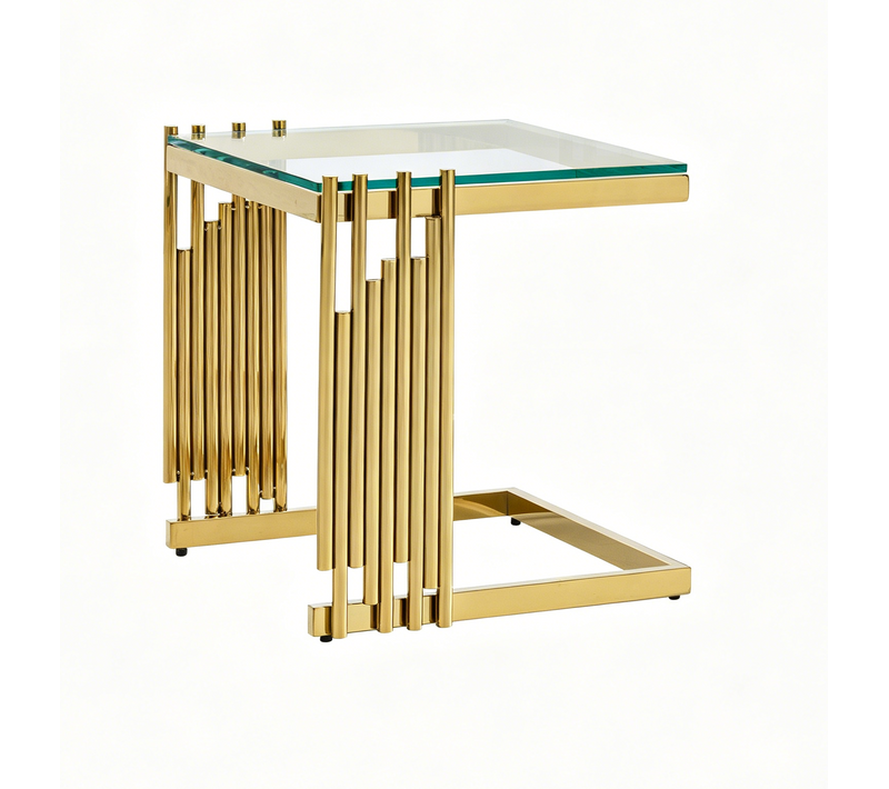 Table D'appoint Carrée Dorée 32 Cm En Verre Trempé Pour Salon