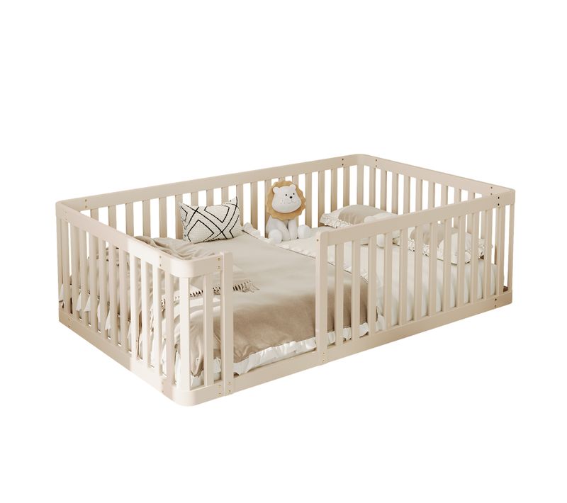 Lit Enfant Crème 90x200 Avec Barrière, Couchage Au Sol