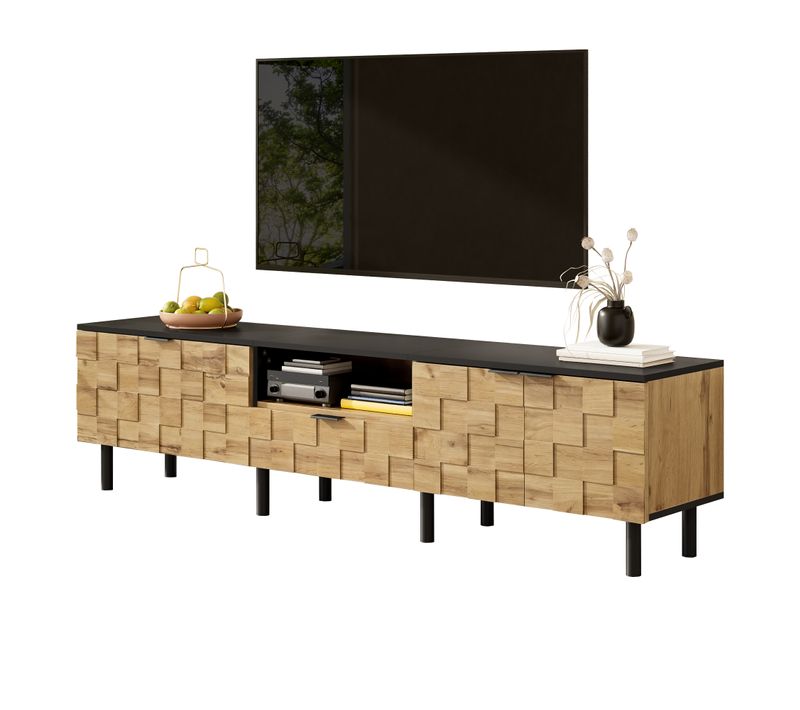 Meuble TV Naturel 170 Cm Avec Portes Mosaïque Et Tiroir Pour Salon