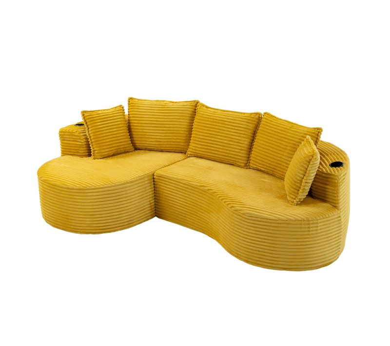 Canapé Arrondi Moutarde 250 X 152 X 82 Cm Avec Porte-gobelets Et Poches