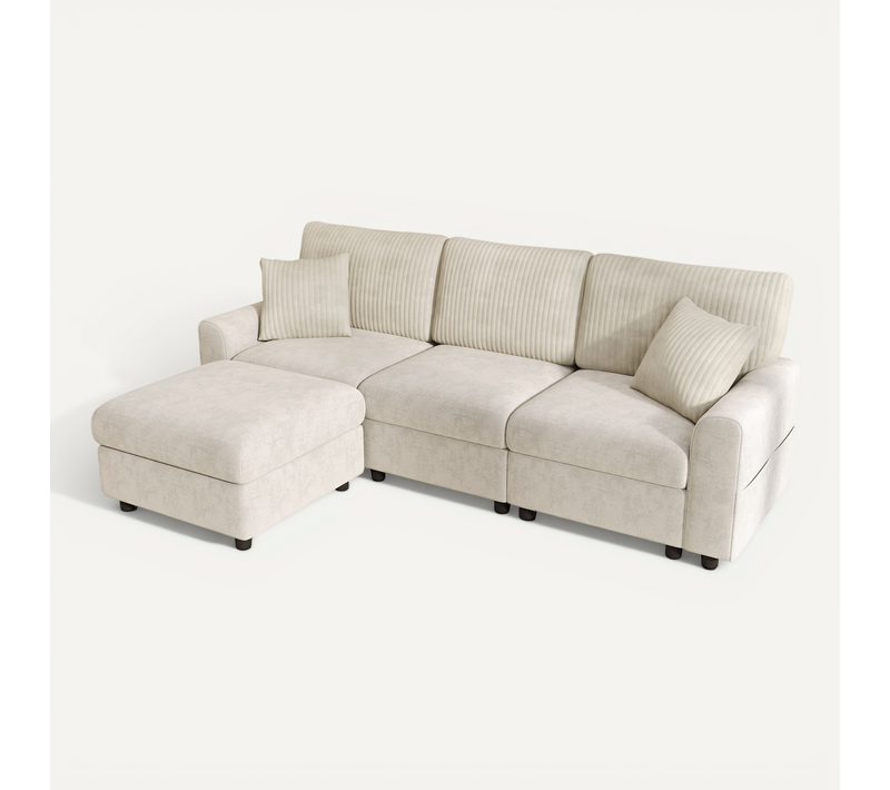 Canapé Compressé Beige 223 X 146 Cm Avec Pouf Et Ports USB/usb-c