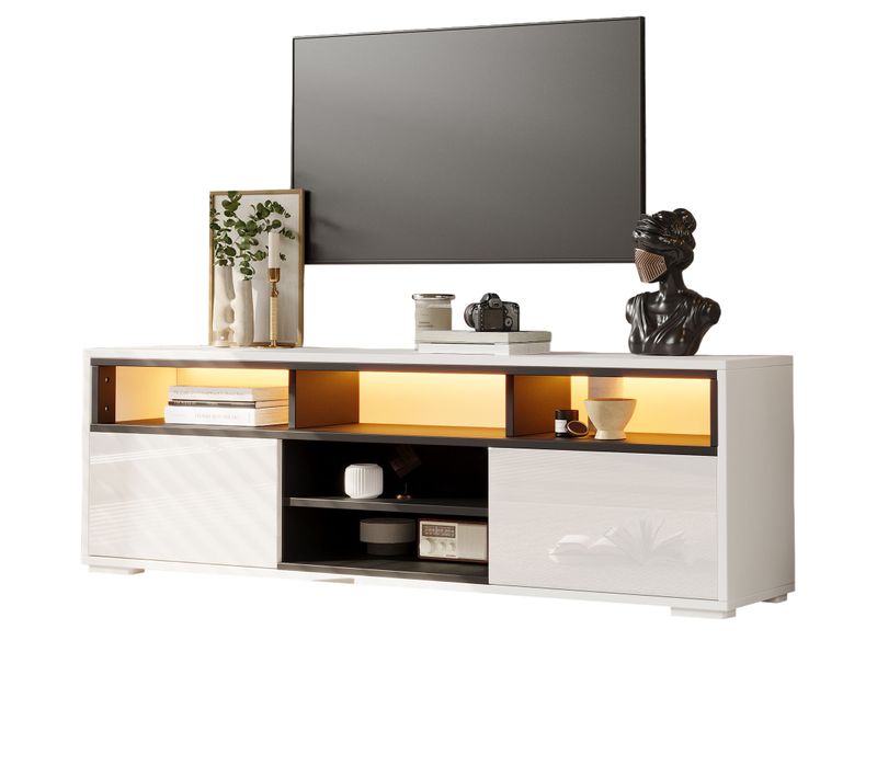 Meuble TV Blanc Brillant 150 X 35 X 50 Cm Avec LED Pour Petit Salon