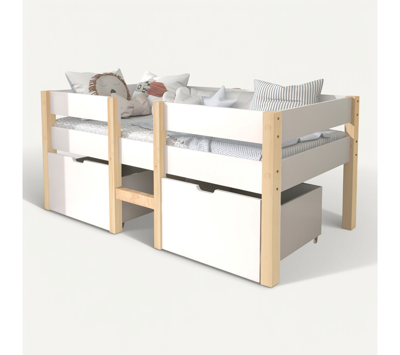 Lit Enfant 90x190 Cm Mi Hauteur, Tiroirs Et Barrière, Bois, Blanc
