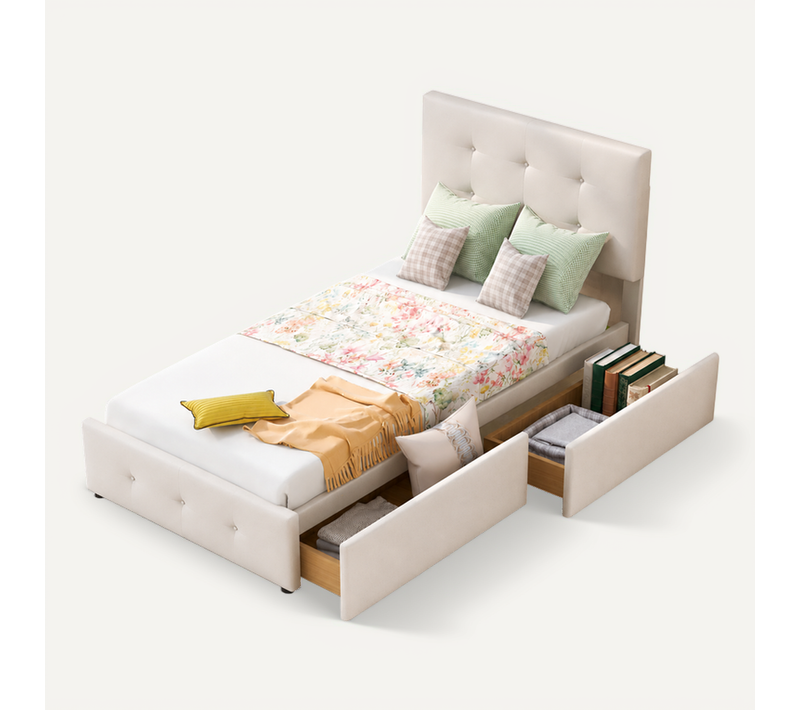 Lit Enfant 90x200 Cm Avec Tiroir Et Lattes, Velours Beige