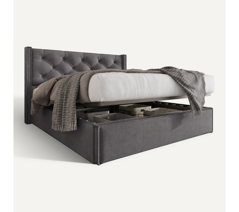 Lit Coffre 160x200 Cm, Tête De Lit Capitonnée, Avec Rangement, Coton Gris