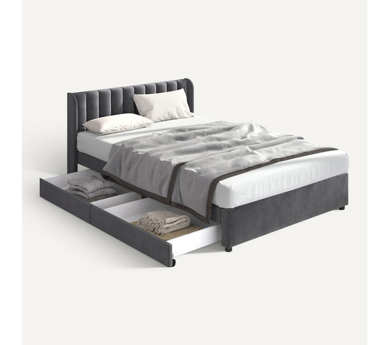 Lit Double 160x200 Cm, 2 Tiroirs Et Tête De Lit, Velours Gris