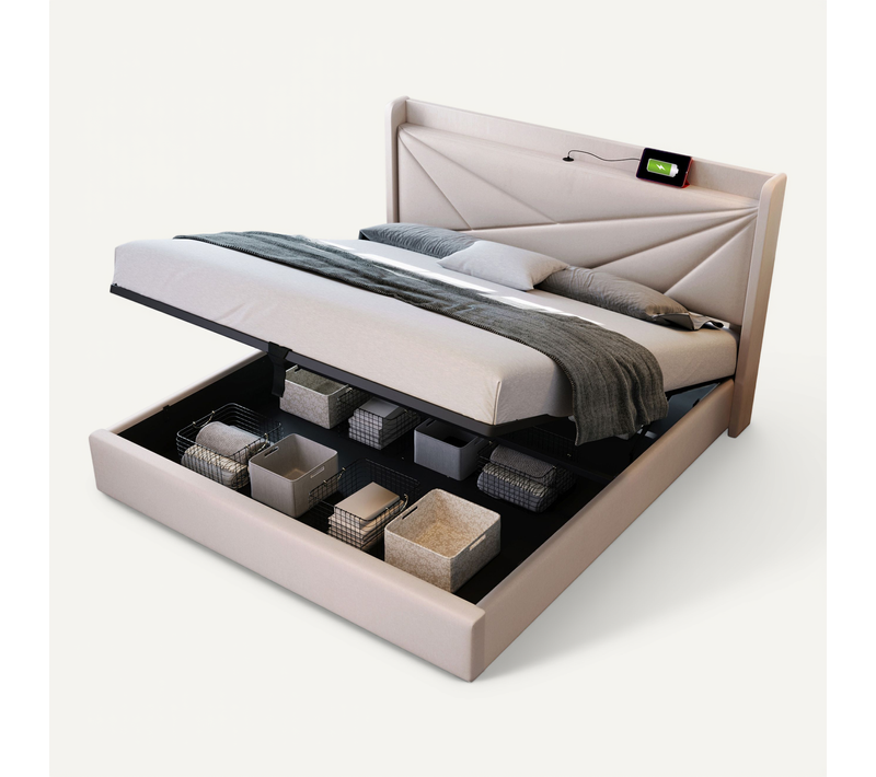 Lit Coffre 140x200 Cm, Charge USB Et Type C, Coton Lin Beige