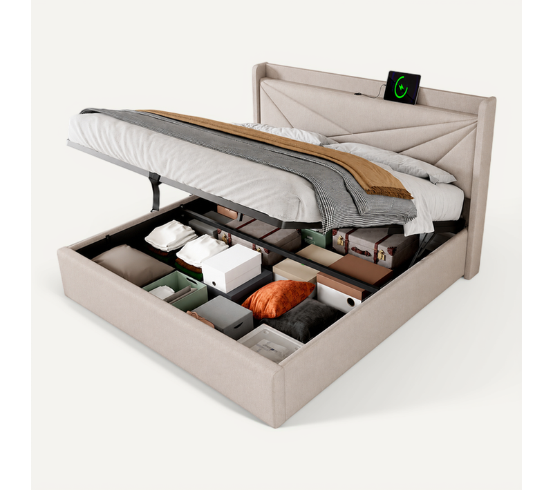 Lit Coffre 160x200 Cm, Charge USB Et USB C, Coton Lin Beige
