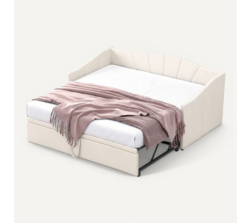 Lit Gigogne 90x200 Cm, Extensible Avec Sommier, Velours Beige