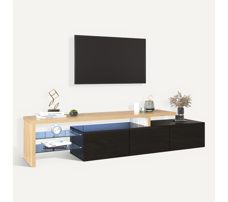 Meuble TV 197.5x39x42 Cm Rangement LED Mdf Verre Couleur Naturelle Et Noir