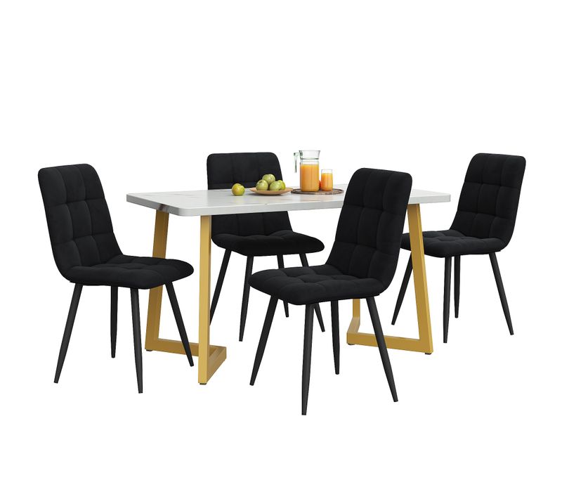Ensemble Table à Manger 4 Chaises Compact, Mdf Et Velours Noir Et Doré