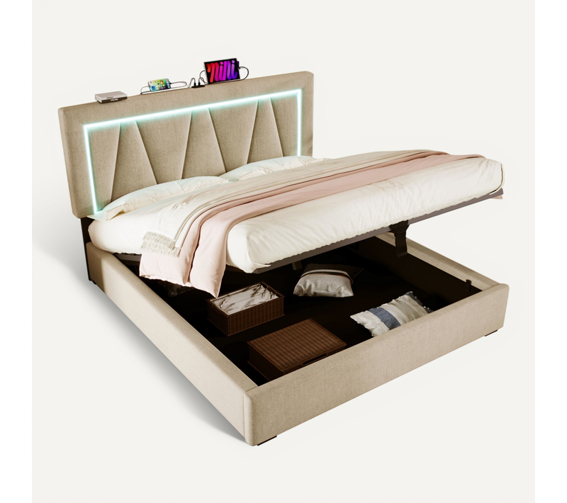 Lit Coffre 160x200 Cm, Tête De Lit Réglable LED USB Type C, Lin Beige