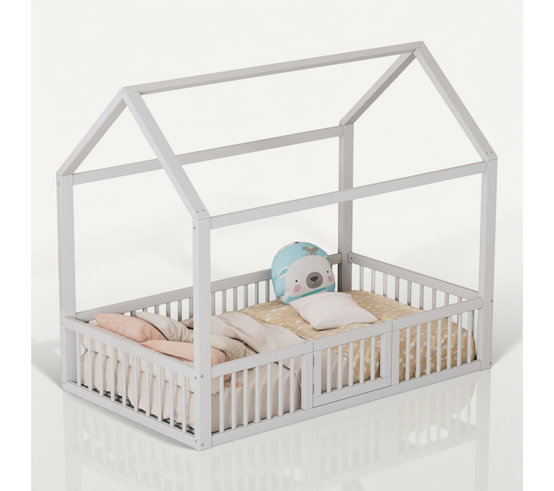 Lit Enfant 90x200 Cm Avec Barrières Et Portillon, Bois De Pin Et Mdf Blanc