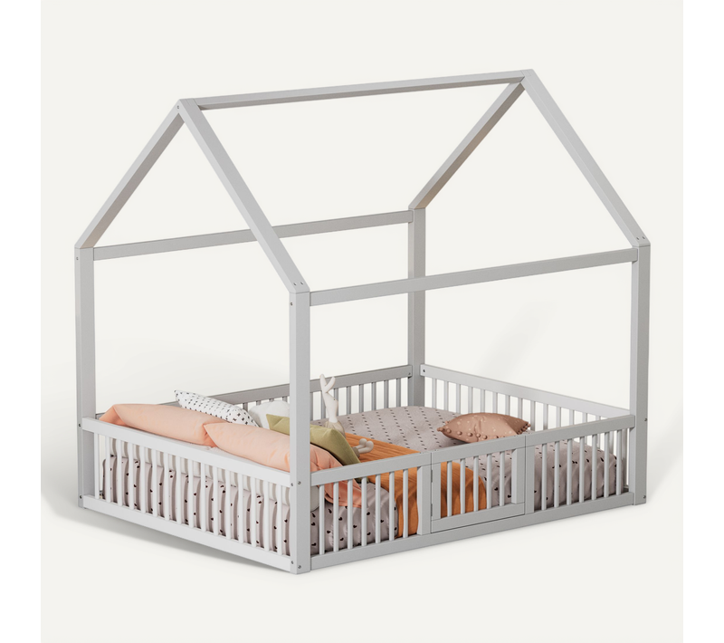 Lit Cabane Enfant 140x200 Cm, Avec Porte Et Barrière, Bois, Blanc