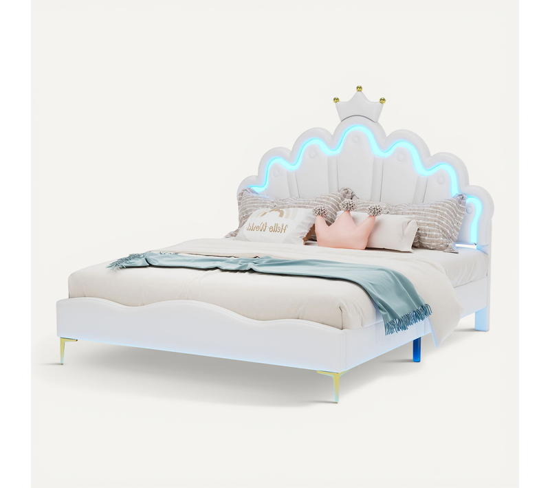 Lit Enfant 140x200 Cm, LED Et Hauteur Réglable, Pu Blanc