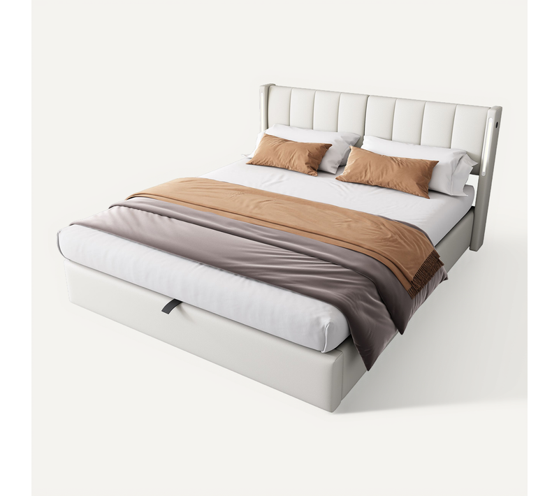 Lit Coffre 160x200 Cm, USB Et LED, Pu Blanc
