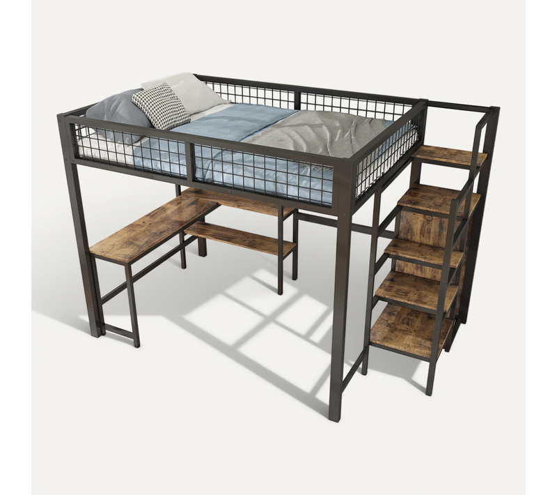 Lit Mezzanine 140x200 Cm, Bureau Et Rangement, Métal Et Mdf Noir Et Marron
