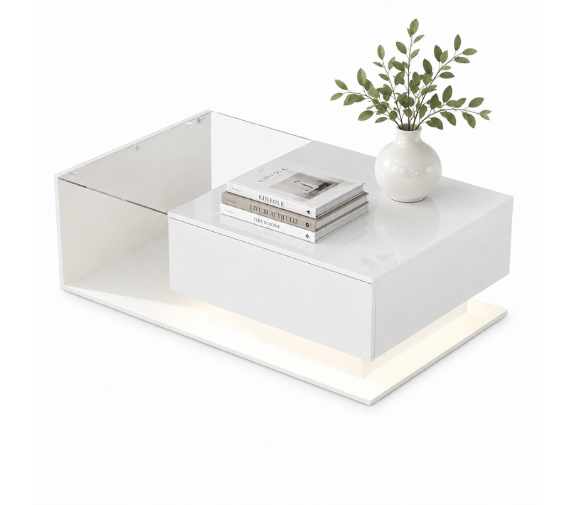 Table Basse 100x50x32 Cm Tiroir Intégré LED Panneaux De Particules Blanc
