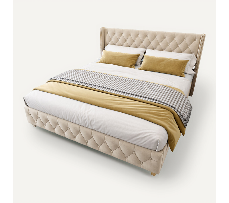 Lit Adulte 180x200 Cm, Tête De Lit Capitonnée, Avec Sommier, Velours Beige Clair