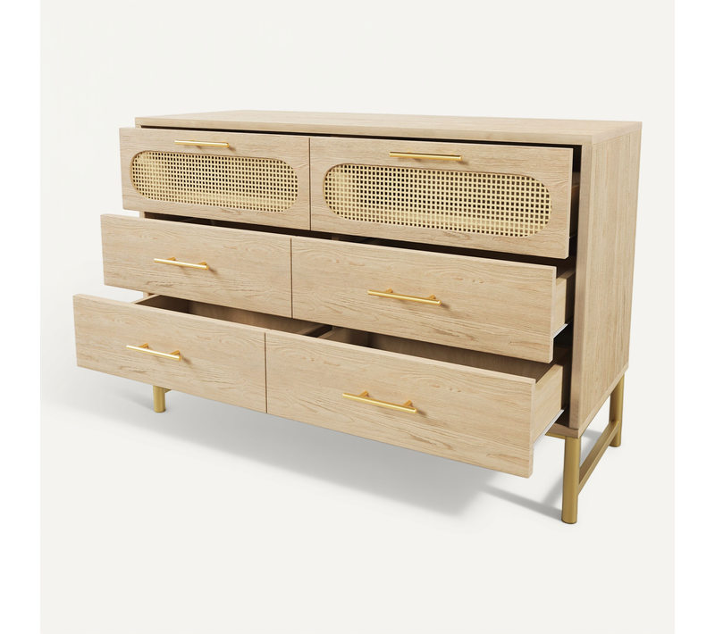 Commode 120x40x74 Cm 6 Tiroirs Effet Rotin Métal Naturel