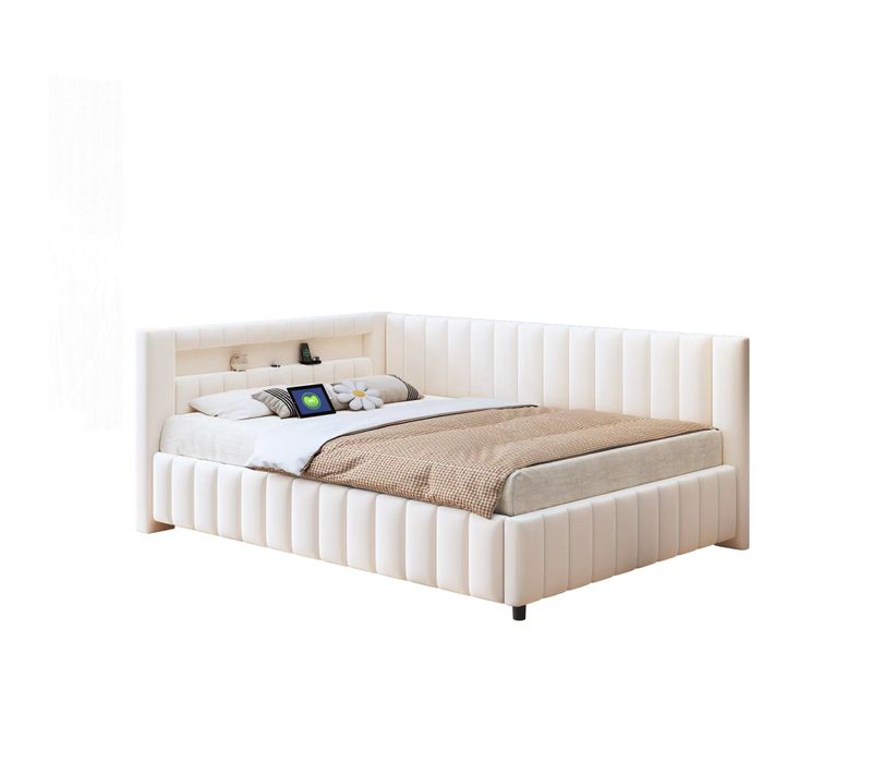 Lit Double 140x200 Cm, LED Et Port USB, Velours Beige