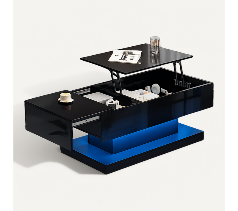 Table Basse 100x50x45 Cm Plateau Relevable LED Panneau De Particules Noir
