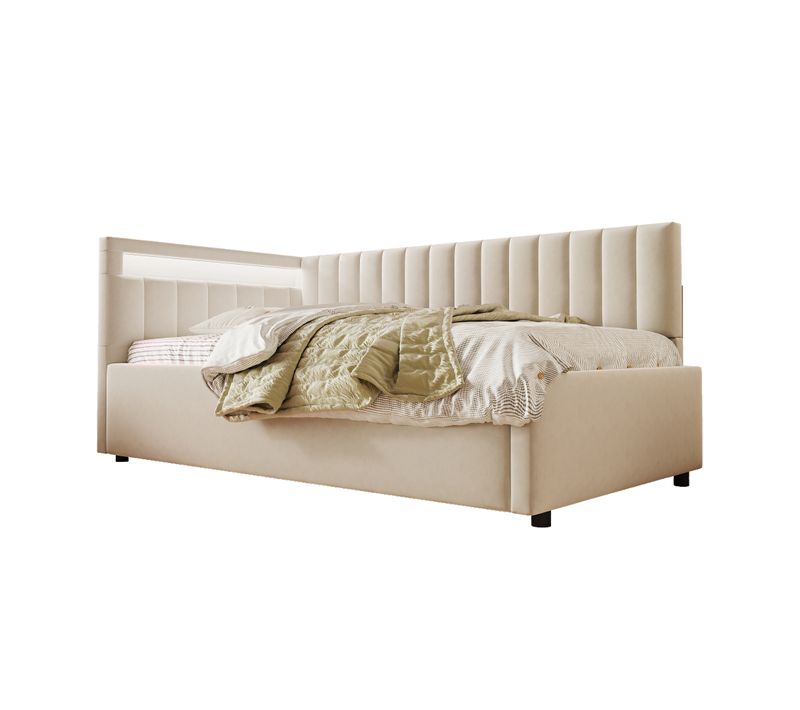 Lit Coffre 90x200 Cm, LED Et Rangement Hydraulique, Velours Beige