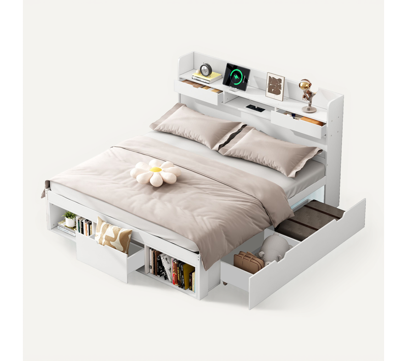 Lit Double 140x190 Cm, Rangement Et Ports USB, Pin Blanc