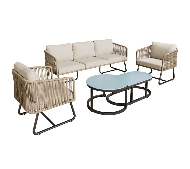 Salon De Jardin 5 Places, Coussins Inclus, Fer Galvanisé Beige