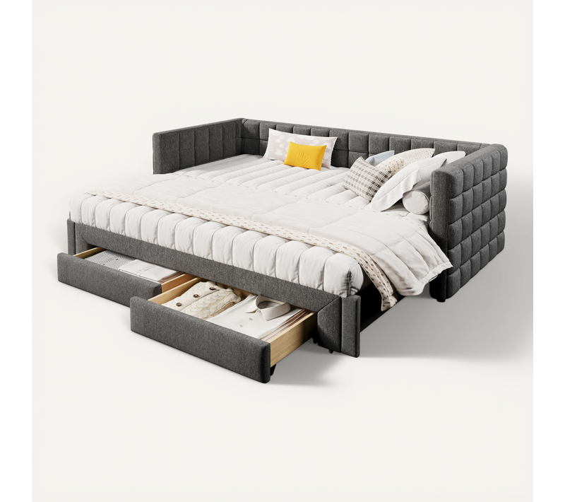 Lit Gigogne 90x200 Cm, Extensible 2 Tiroirs, Velours Gris