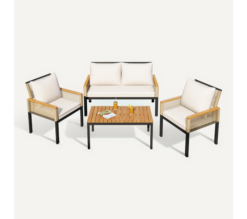 Salon De Jardin 4 Places Coussins Confortables, Rotin Pe Beige