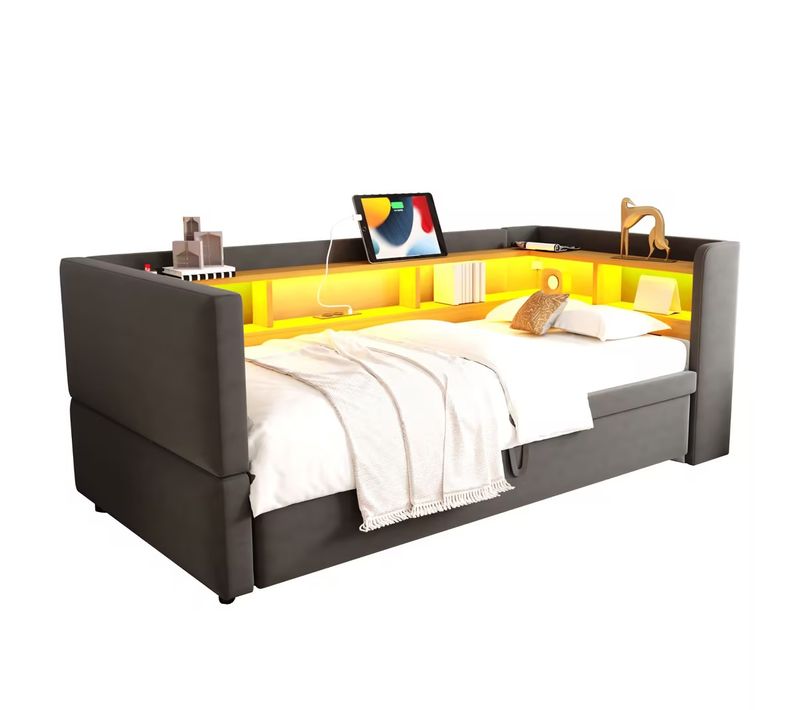Lit Gigogne 90x190 Cm, Extensible Avec Rangements, Flanelle Gris Foncé