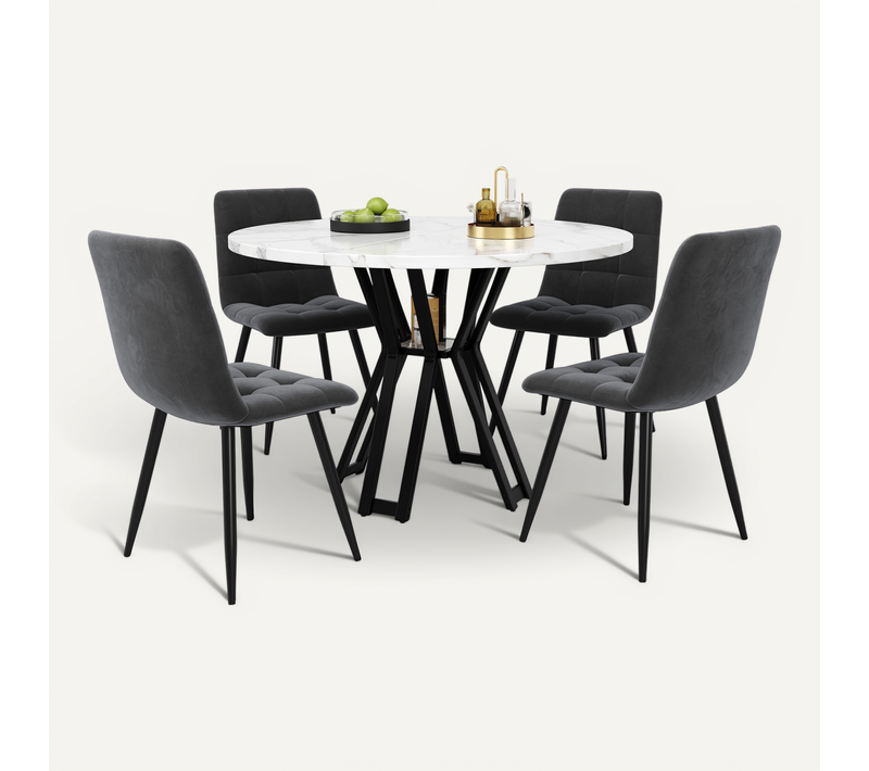 Ensemble Repas 100x100x76 Cm 4 Chaises Velours Mdf Métal Multicolore