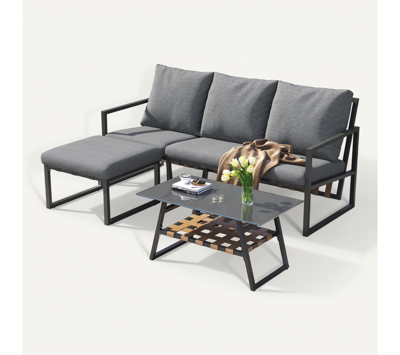 Salon De Jardin D'angle Modulable 3 Places, Table En Verre Acier Galvanisé Gris