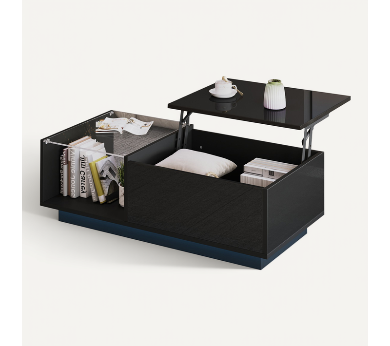 Table Basse 100x50x33 Cm Plateau Relevable LED Panneau De Particules Noir