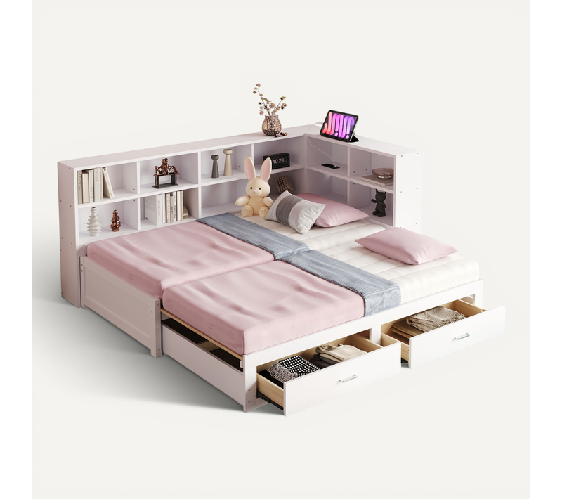 Lit Gigogne 90x190 Cm, Rangement Et Prise, Bois, Blanc