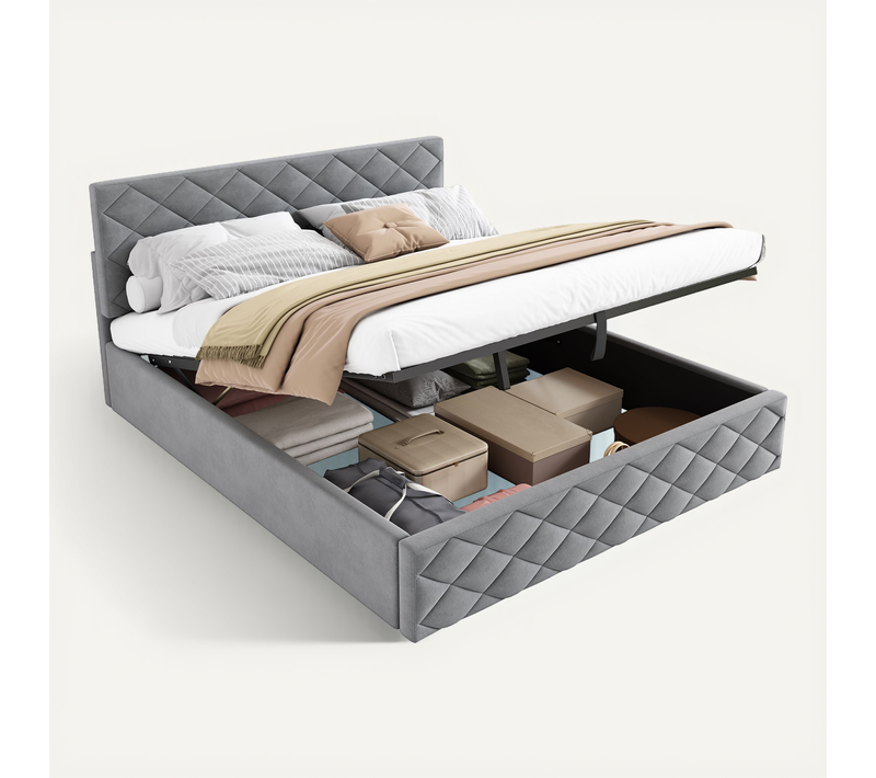 Lit Coffre 140x200 Cm, Fonction Hydraulique Et Rangement, Velours Gris