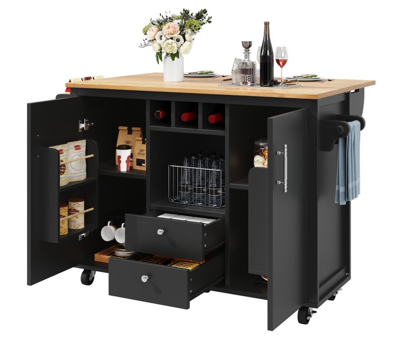 Îlot De Cuisine 137.9x73x92.2 Cm Table Pliante Mobile Mdf Métal Noir