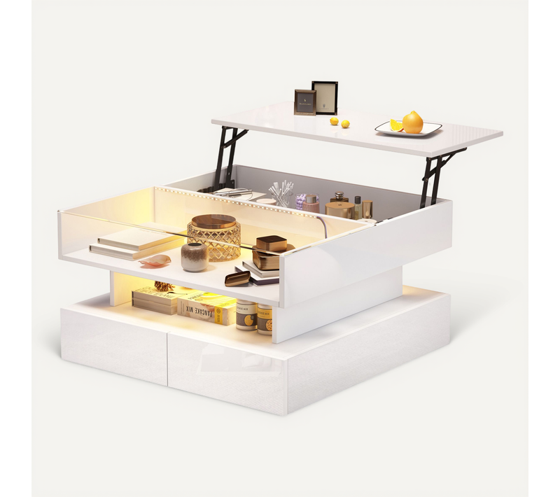 Table Basse 80x80x45 Cm Relevable LED, Panneaux De Particules Blanc