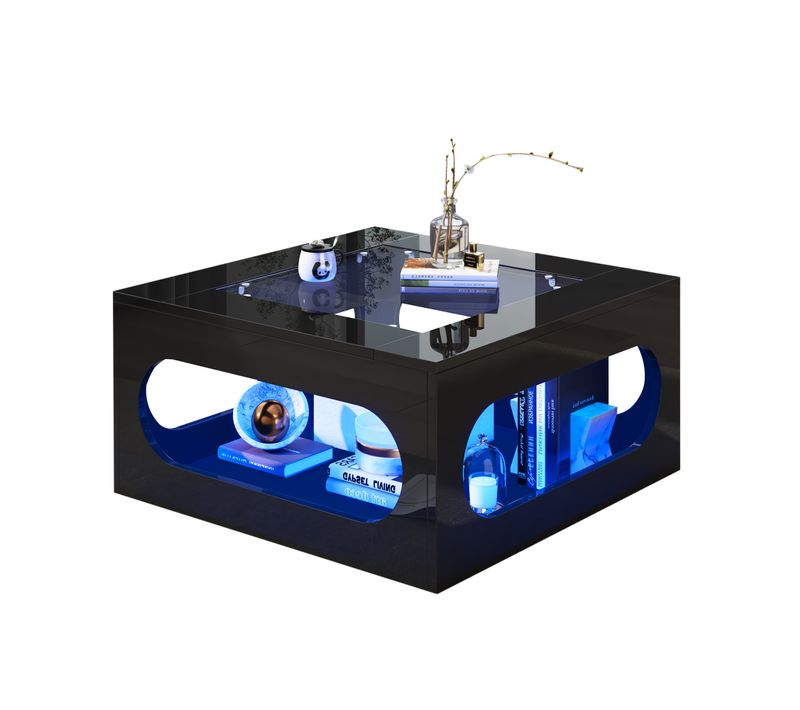 Table Basse 70x70x35 Cm LED Avec Rangement Verre Trempé Mdf Noir