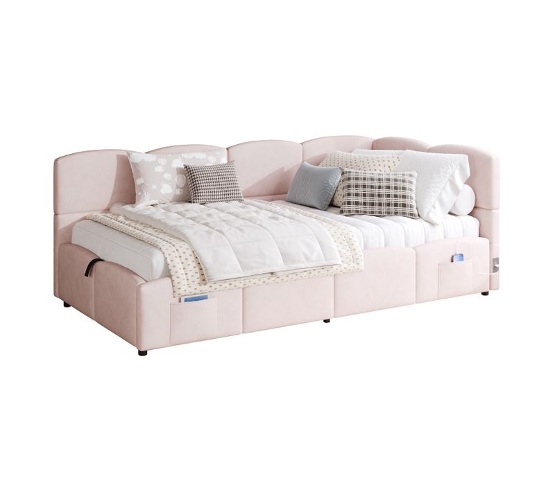 Lit Simple 90x200 Cm, Coffre Et USB, Velours Rose