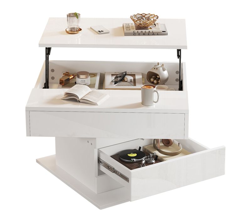 Table Basse 70x70x45 Cm Plateau Relevable Rotatif Panneau De Particules Blanc