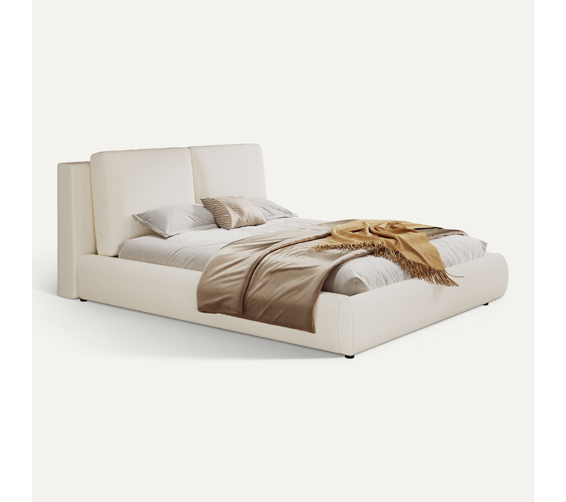 Lit Coffre 180x200 Cm Rangement Intégré, Tête De Lit Inclinée, Bouclé Beige