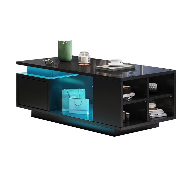 Table Basse 100x50x36 Cm LED Avec Rangement Panneau De Particules Noir