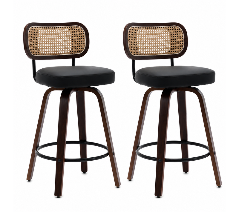 Lot 2 Tabourets De Bar Pivotants Dossier Cannage Pu Bois Noyer Noir