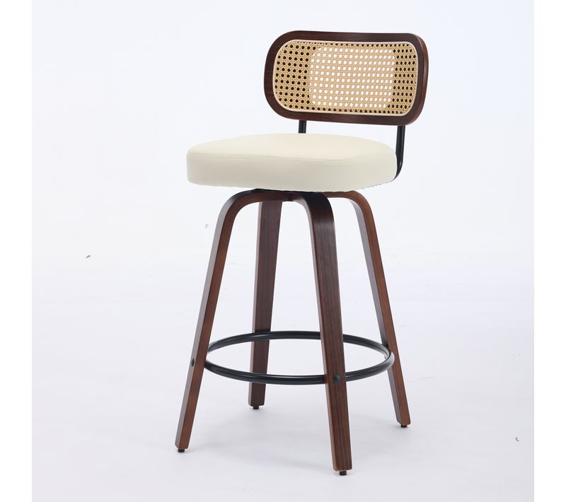 Lot 3 Tabourets De Bar Pivotant Dossier Cannage Pu Beige