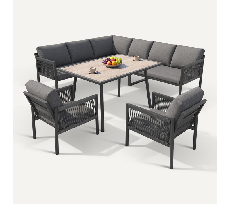 Salon De Jardin 7 Places 110x60x71 Cm, Pieds Réglables Métal Verre Gris