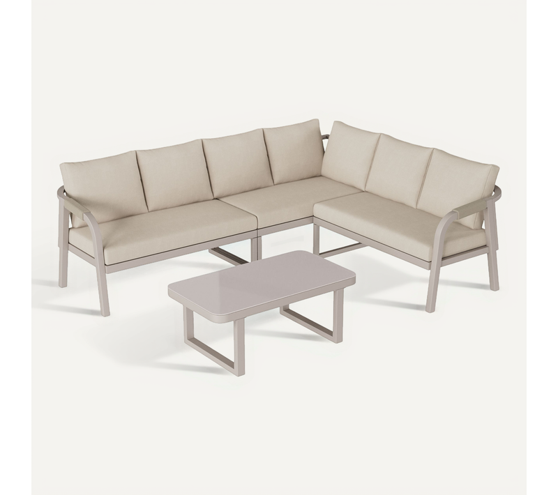 Salon De Jardin D Angle 6 Places, Table Basse, Acier Et Polyester Beige
